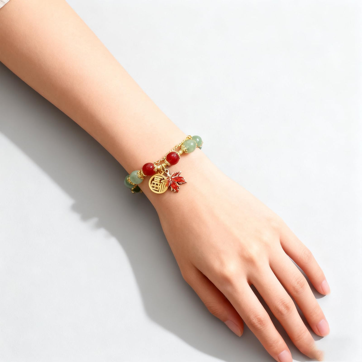 XIAOMOJEW Jade Beaded Bracelets for Women Fall Maple Pendant Bangle Bracelets Chinese Style Bangle Lucky Boho Jewelry (G Maple B)