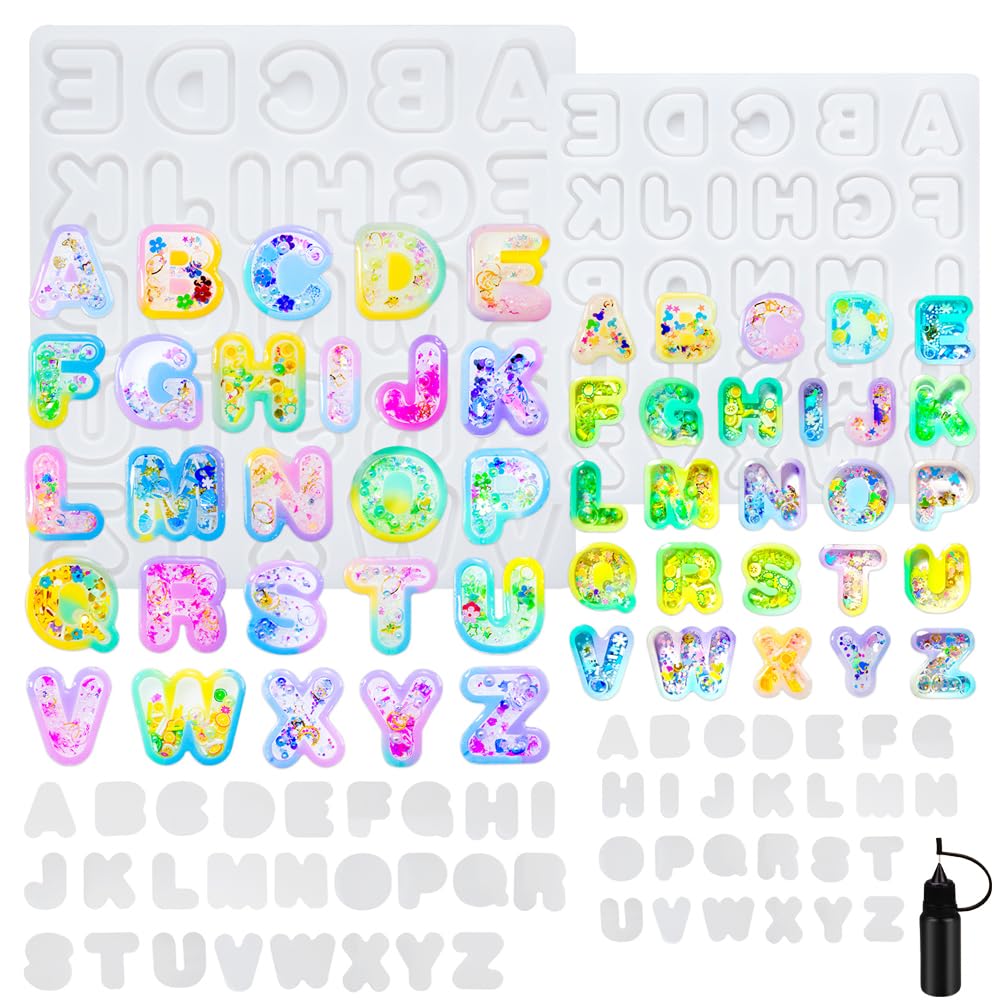 Alphabet Resin Shaker Molds Kawaii Keychain Charm Large and Small Set Pack of 107 Silicone Trays Seal Films Precision Tip Applicator Bottle Kit Bundle