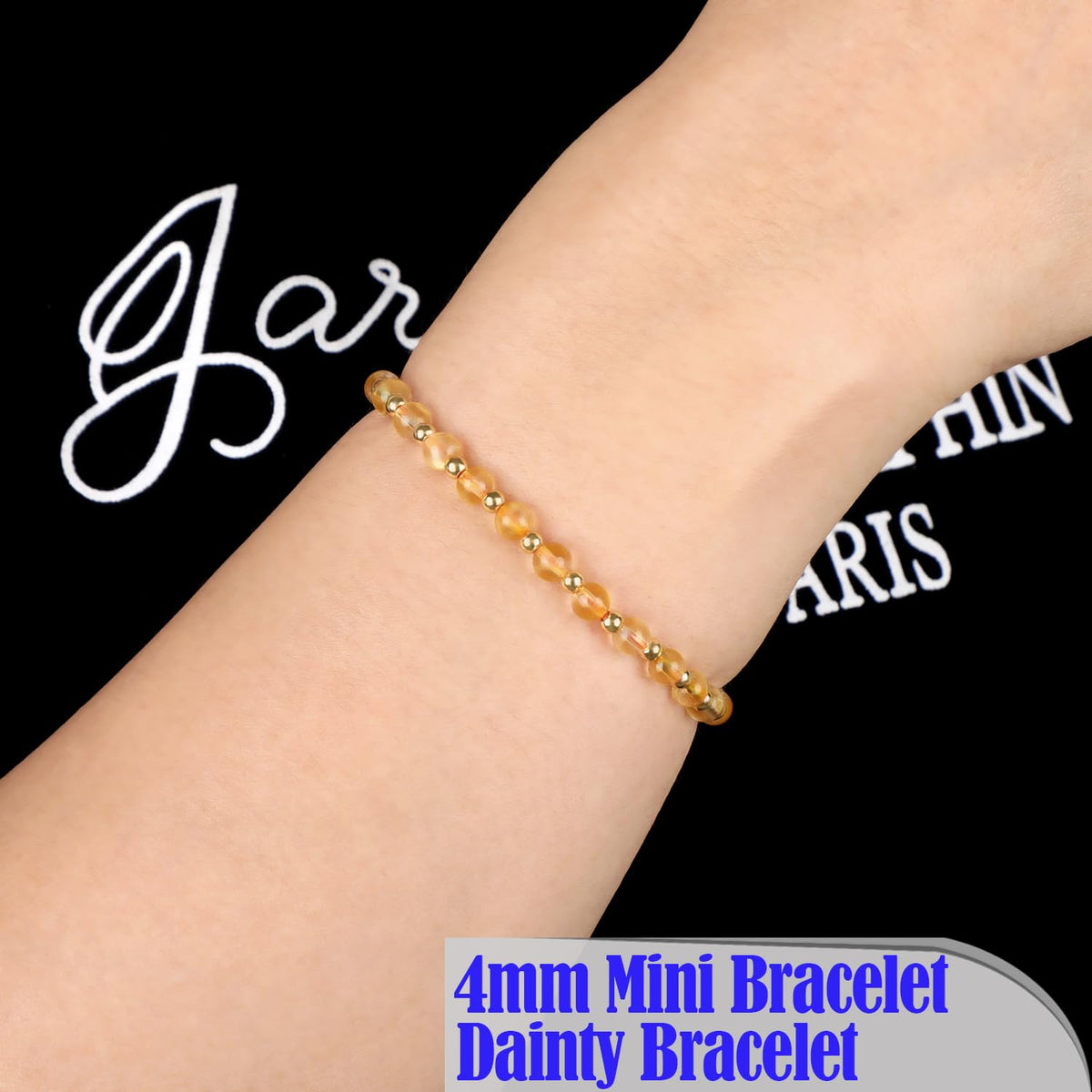QOGIR Citrine - Stone of Wealth - 14K Gold Plated Beads Natural Gemstone Stretch Elastic Dainty Healing Beaded Bracelets Gifts 4mm