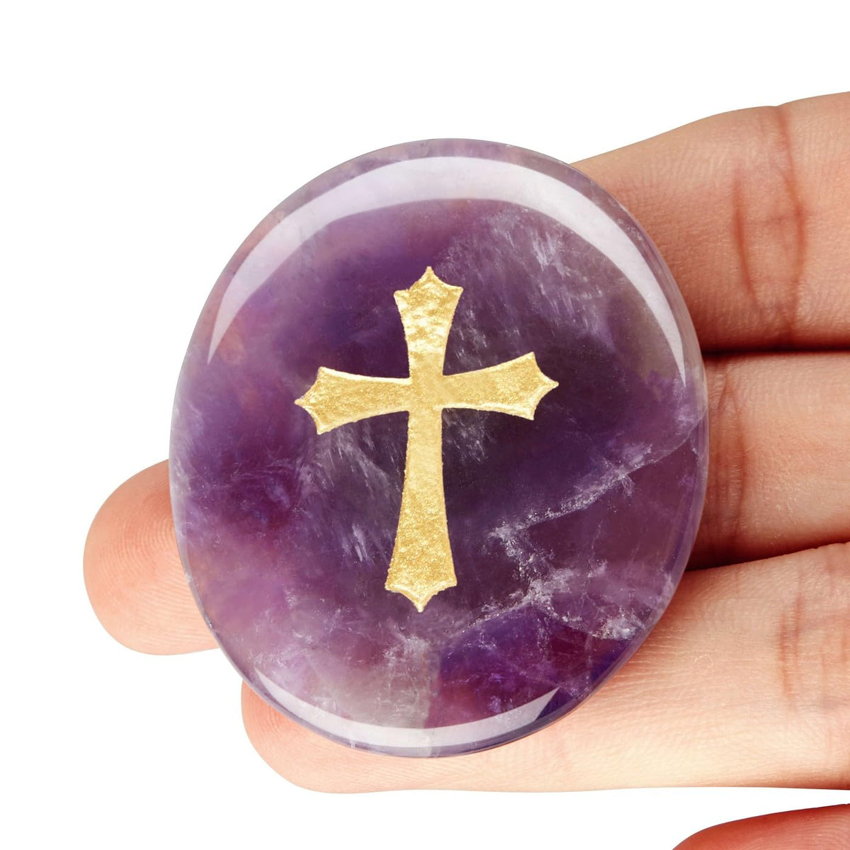 LAIDANLA Amethyst Cross Engraved Healing Crystal Worry Stones for Pray Faith Anxiety Relief Oval Palm Stone Polished Natural Crystal Gifts