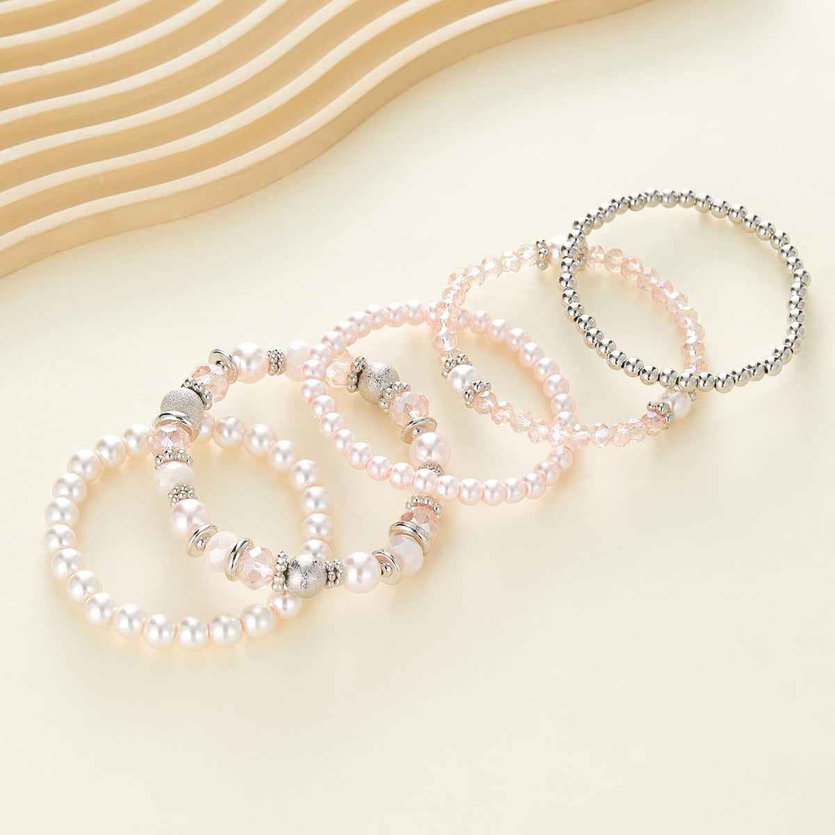 Noessla Beaded Pearl Stretch Bracelet Silver Stackable Crystal Beads Bracelets Trendy Costume Jewelry Mothers Day Gifts for Women(Pink)