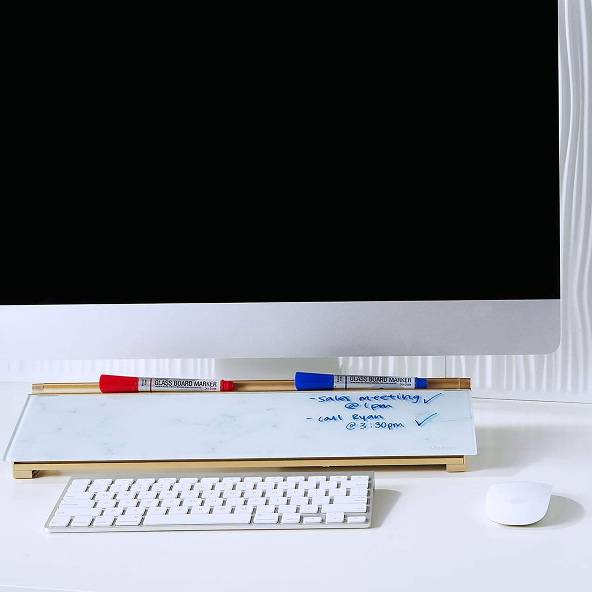 Quartet Glass Dry Erase White Board 18"W x 6"H, Compact Desktop Whiteboard with Storage Drawer, Marble (GDP186M)