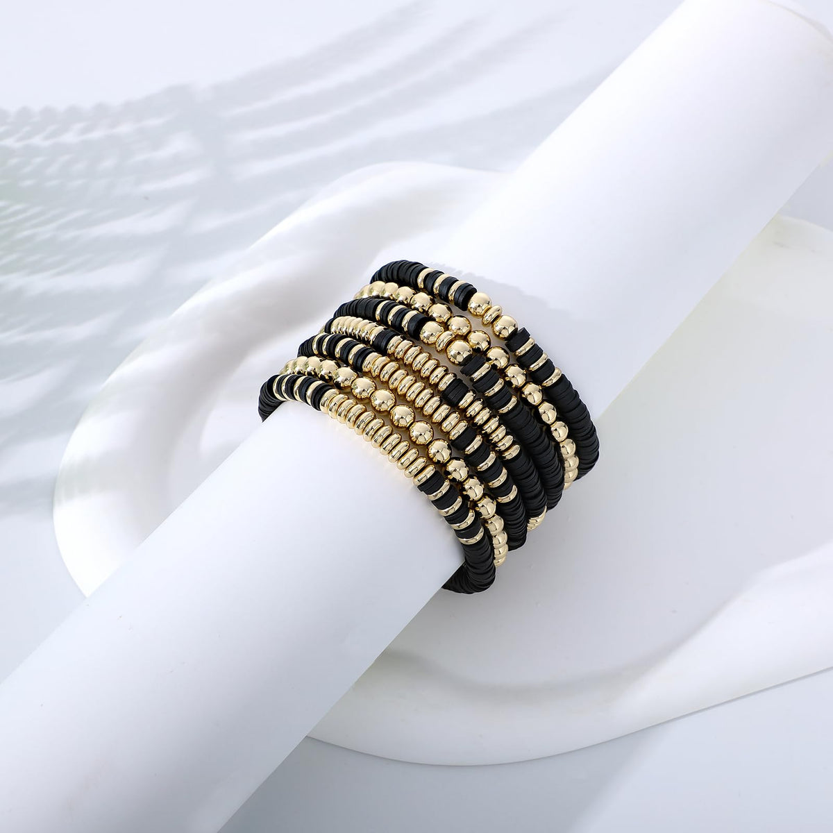 GOOJIDS Surfer Heishi Clay Bead Bracelets for Women Bohemian Stackable Gold Plated Beaded Stretch Bracelets Elastic Layering Friendship Bracelets Set Boho Jewelry