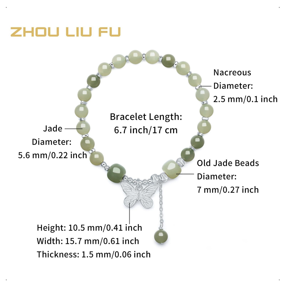 ZHOU LIU FU Sterling Silver Jasper Beaded Bracelets for Women S925 Silver Green Gemstone Bead Butterfly Stretch Bracelet Mom Birthday