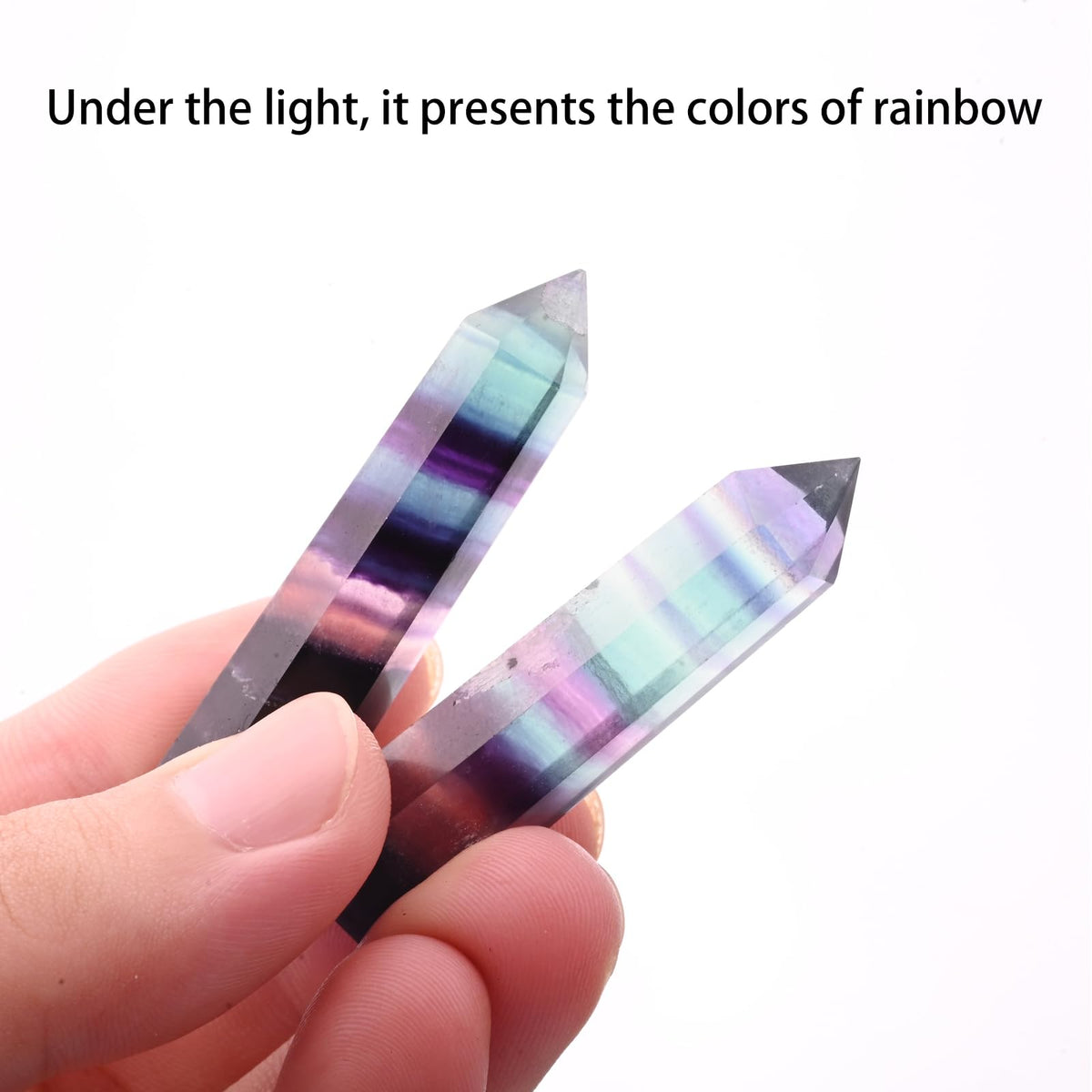 WHAL&YUNE Gemstone Wands 1PC, Rainbow Fluorite Hexagonal Wands Gemstone Tower, Natural Hand Carved Pointed Stone Fluorite Crystal for Meditation, Home Decor-3"-3.5"(8-9cm)
