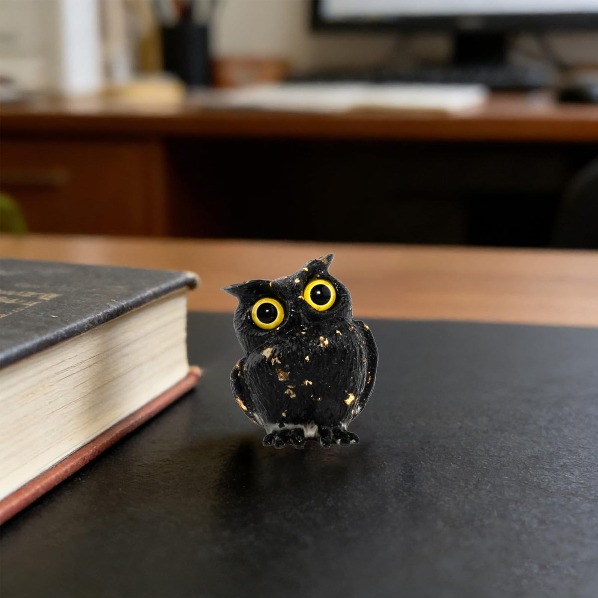 PinpinPony Owl Statue, Natural Gemstones Decor for Home Office, Shelf Display Figurine, Handcrafted Unique Owl Sculpture(Black)