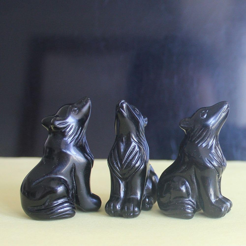 HLbshi Hand Carved Gemstone Crystal Wolf Figurine Animal Statue Carving Office Home Decor Collections 2'' (Black Obsidian)
