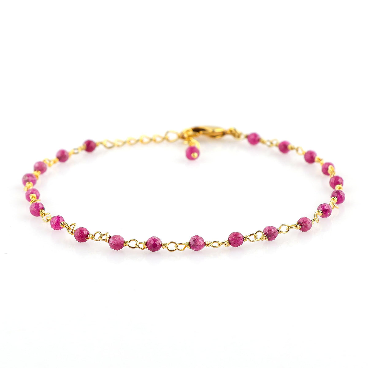 CRYSTALINES Natural Ruby Gemstone Beads Bracelet Handmade Hypoallergenic Gold Plated Jewelry for Women Microfaceted Crystals Beaded Rosary Chain July Birthstone Cluster Bracelet, 7+1inch