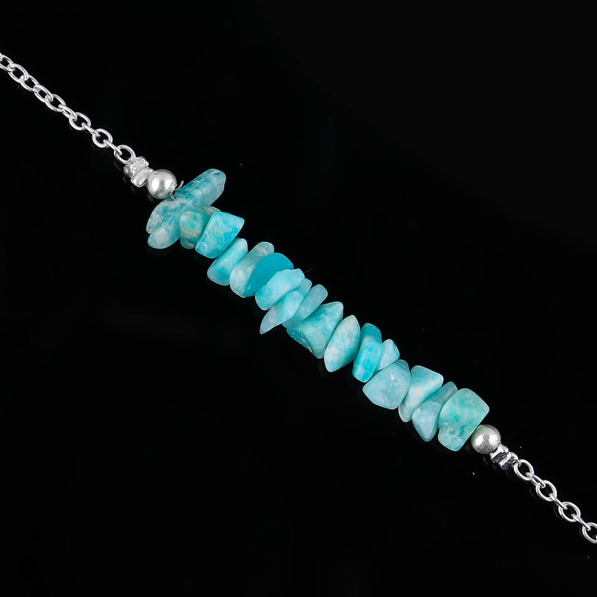 Gemimpression Handmade Amazonite Chips Bar Bracelet – Natural Energy Healing Crystals – Silver Plated Adjustable 8 Inch Chain – Christmas Gift