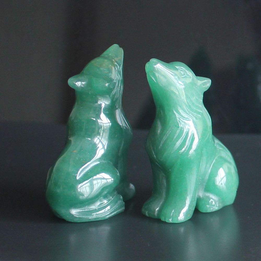 HLbshi Hand Carved Gemstone Crystal Wolf Figurine Animal Statue Carving Office Home Decor Collections 2'' (Green Aventurine)