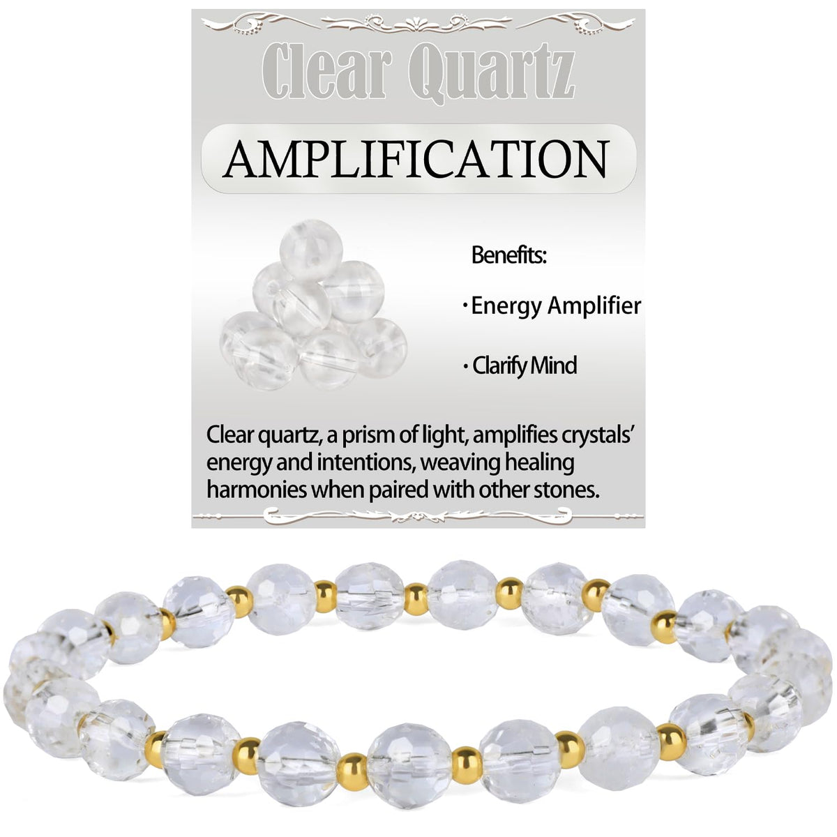 QOGIR Clear Quartz - Amplification - 14K Gold Plated Beads Natural Gemstone Stretch Elastic Dainty Healing Beaded Bracelets Gifts 6mm