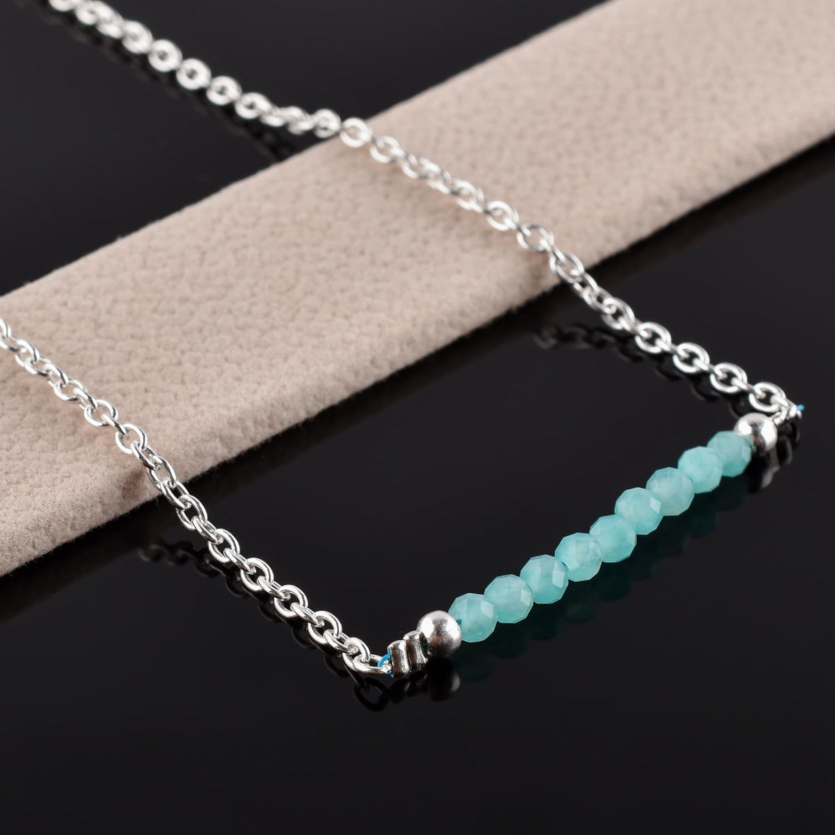 YANARA Amazonite Ankle Bracelet for Women Jewelry, Natural Birthstone, Gemstone Beads, Handmade Dainty Anklet 9"+1.25" inch, 3mm Rounds, Chakra Energy Crystals, Silver Plated Chain