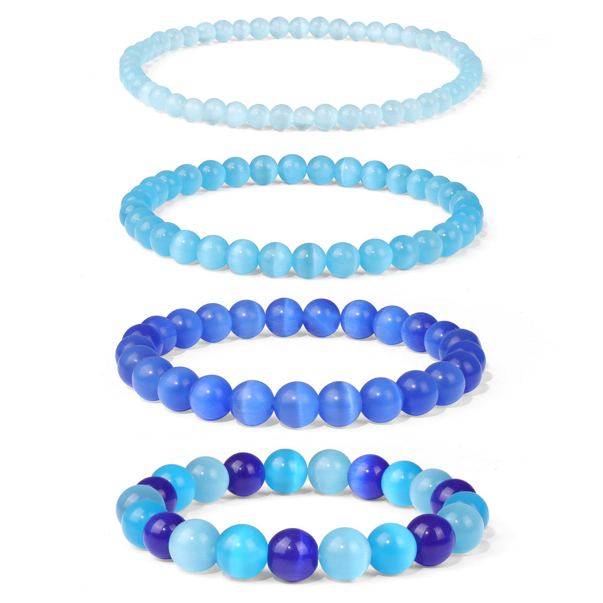 Vinswet 4pcs Natural Stone Beaded Bracelets for Women Men,Healing Crystal Gemstones Stretch Bracelet,4mm 6mm 8mm 10mm Light blue cat eyes Anxiety Stress Relief Bracelet Jewelry Gifts