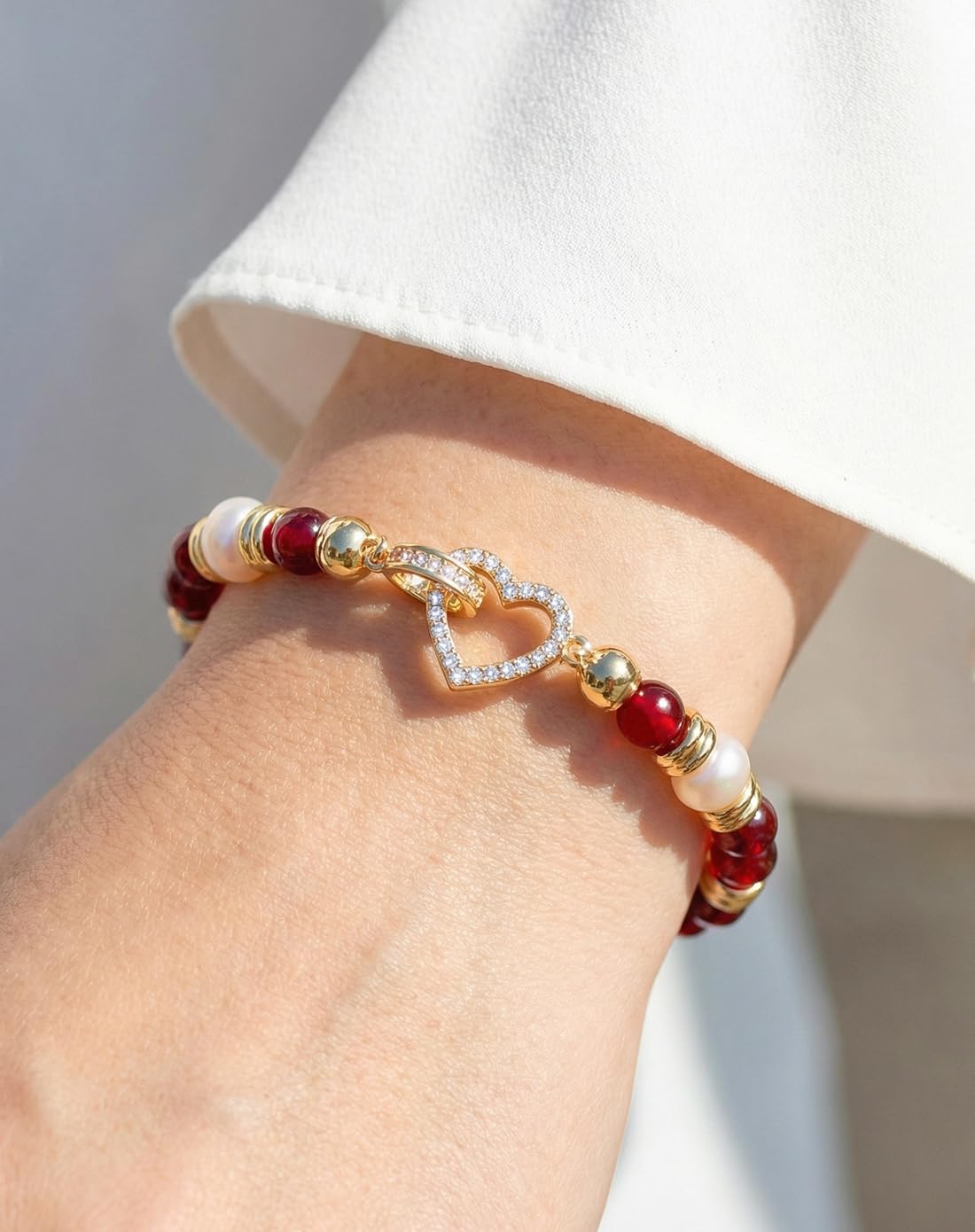 YEETONDA Four Leaf Clover & Heart Natural Gemstone Rainbow Bracelets Jewelry 16th 21st 30th 40th 50th 60th 70th 80th Birthday Gifts For Women Mom Sister Friend Daughter Niece(Garnet)