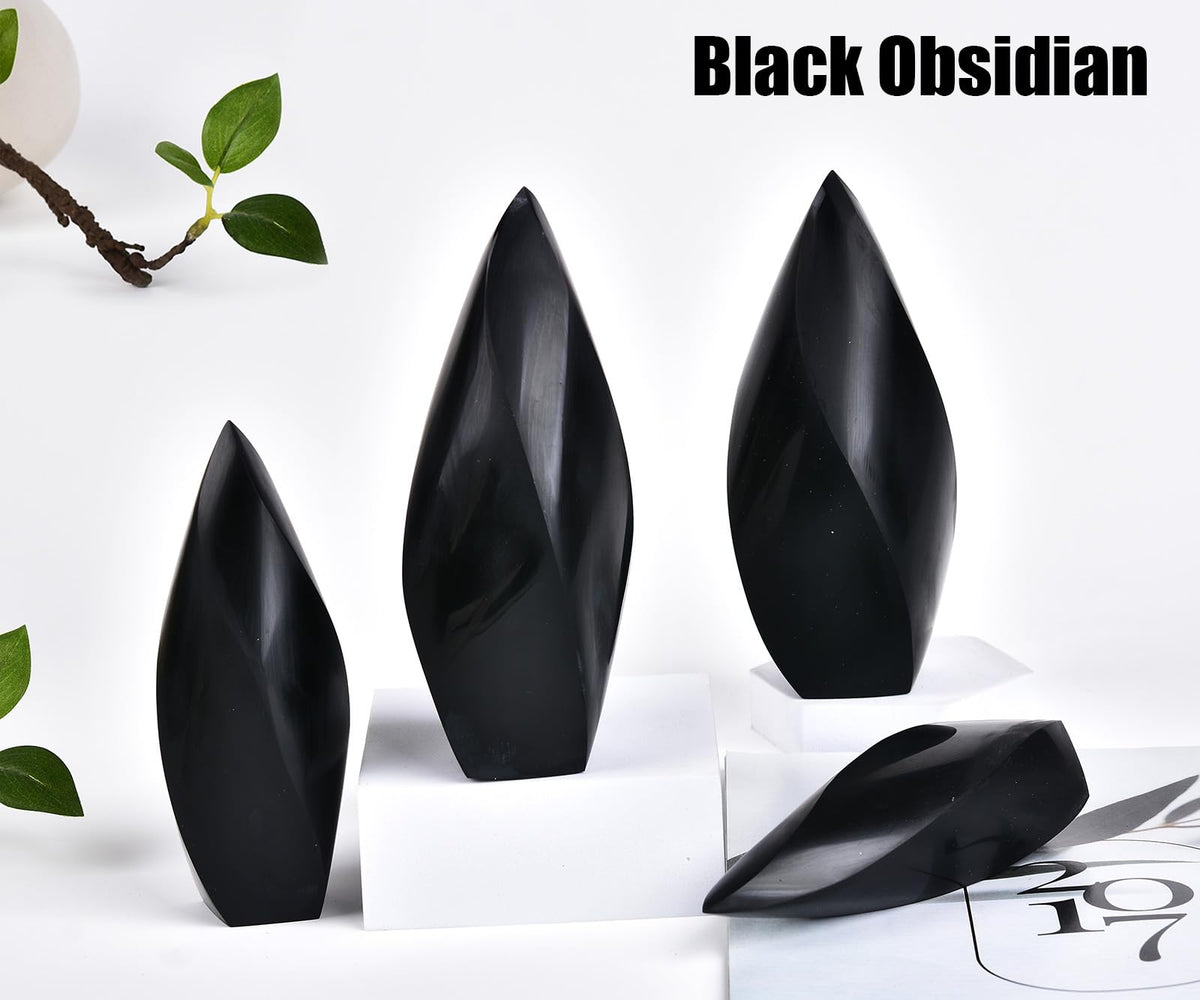 JIC Gem Large Healing Crystal Tower Black Obsidian 4 Sides Spiral Obelisk Point Energy Gemstone Home Decor 1.1-1.7 Lbs