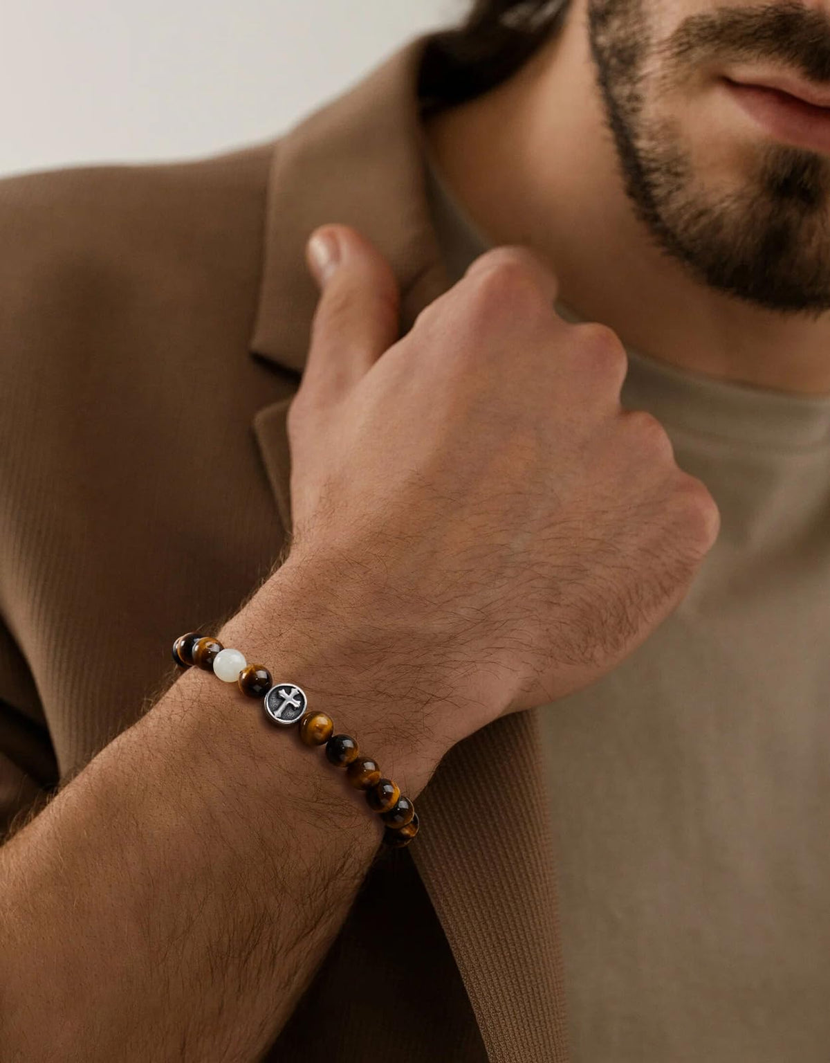 Landorilo Gifts for Men, 8mm Cross Natural Stone Beaded Bracelets, Yellow Tiger Eye Healing Bracelet, Handmade Mens Jewelry Gift for Him, Husband, Son, Father, Friend(Happy Birthday-7.5in)