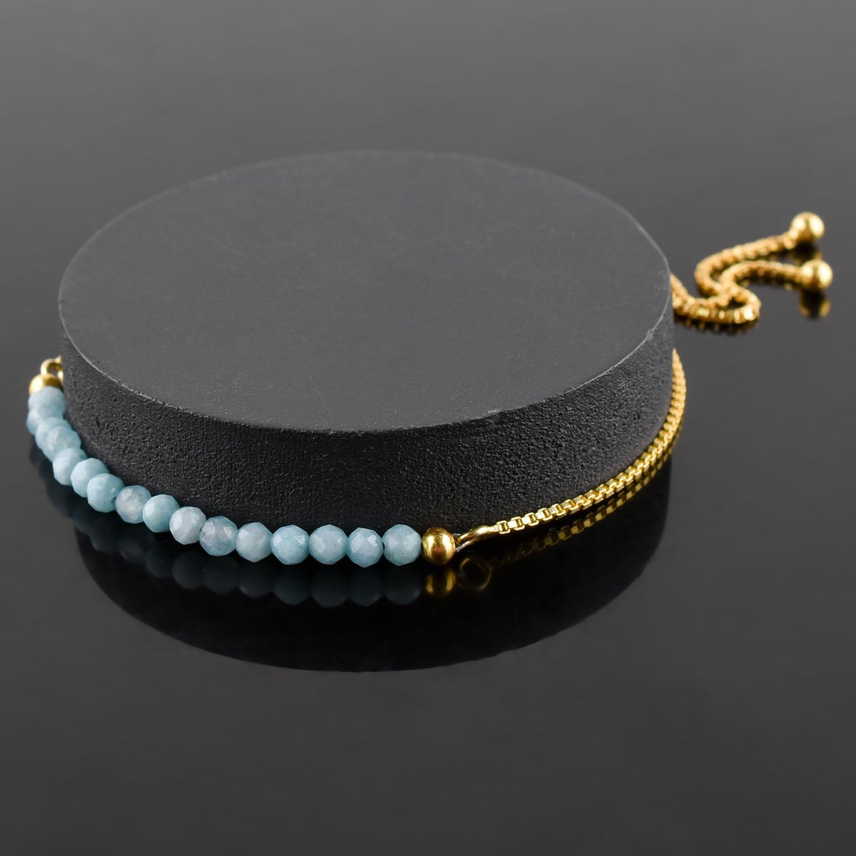InfinityGemsArt Larimar Bracelets For Women, Natural Birthstone Jewelry Blue Beads Beaded Stone Bolo Slider Crystals Gemstones Jewelry, 14K Gold Plated Adjustable Chain, Valentines Day Gifts For Her