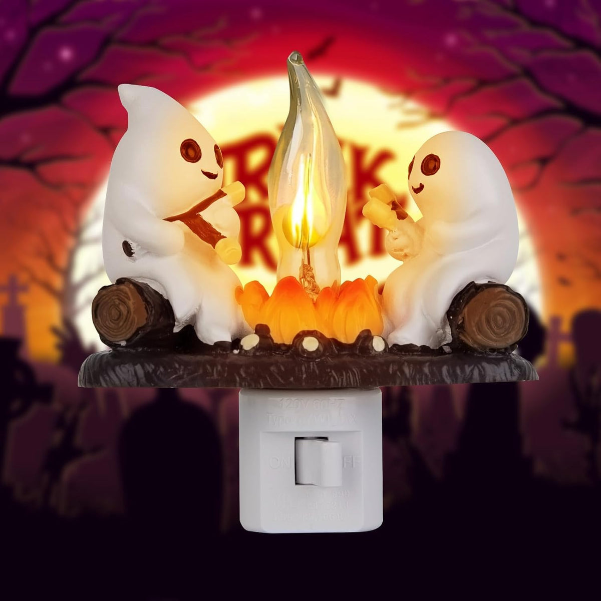 RAINBEAN Ghost Campfire Flickering Night Light, 3D Small Electric Faux Campfire Night Light,Ghosts Campfire Flicker Flame Nightlight, 5in LED Campfire Night Lights Funny Halloween Decor