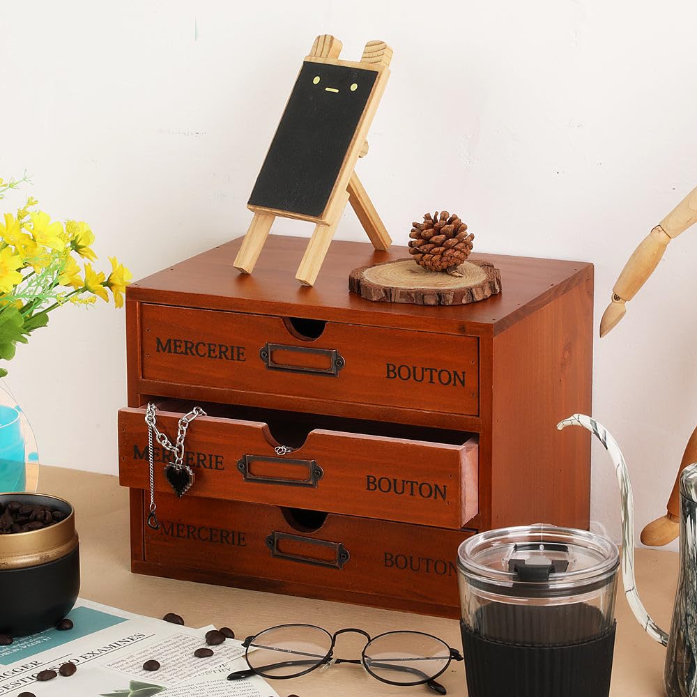 PACKGILO Wooden Storage Box Rustic Desktop Organizer with 3 Drawers Office Desk Accessories Shelf Small Craft Storage Containers Apothecary Cabinet and Chest Jewelry Holder for women(BROWN)