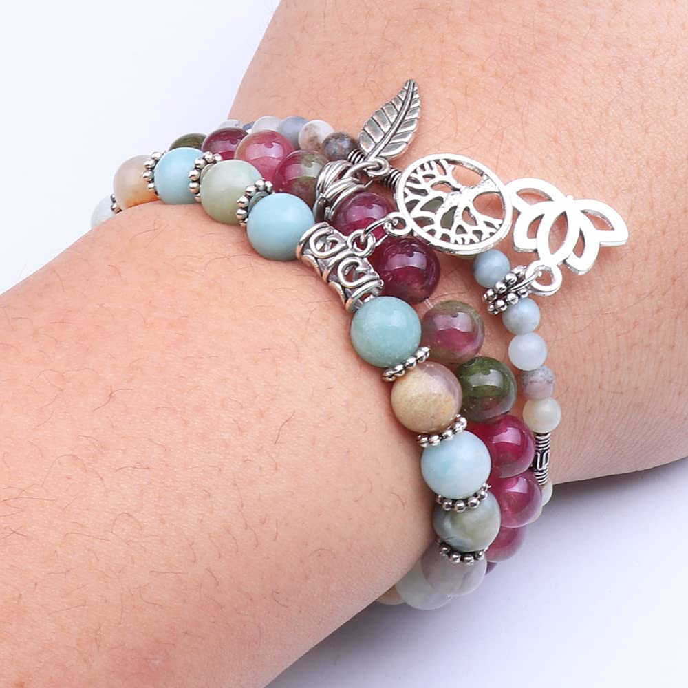UEUC Tree of Life Yoga Healing Stone Bracelets, Multilayer Lotus Chakra Stone Reiki Bracelet Sets, Anxiety Crystal Natural Stone,for Women Stress Relief(#76)