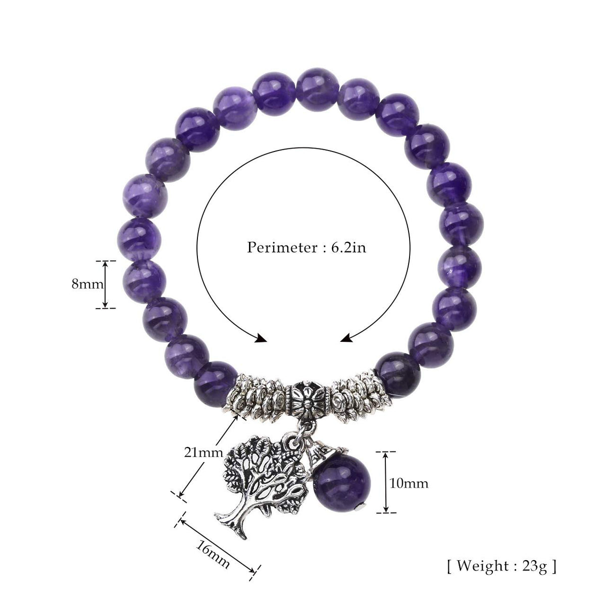 Jovivi 8MM Purple Amethyst Natural Gemstone Healing Crystals Point Life Tree Lucky Charm Stretch Bracelet