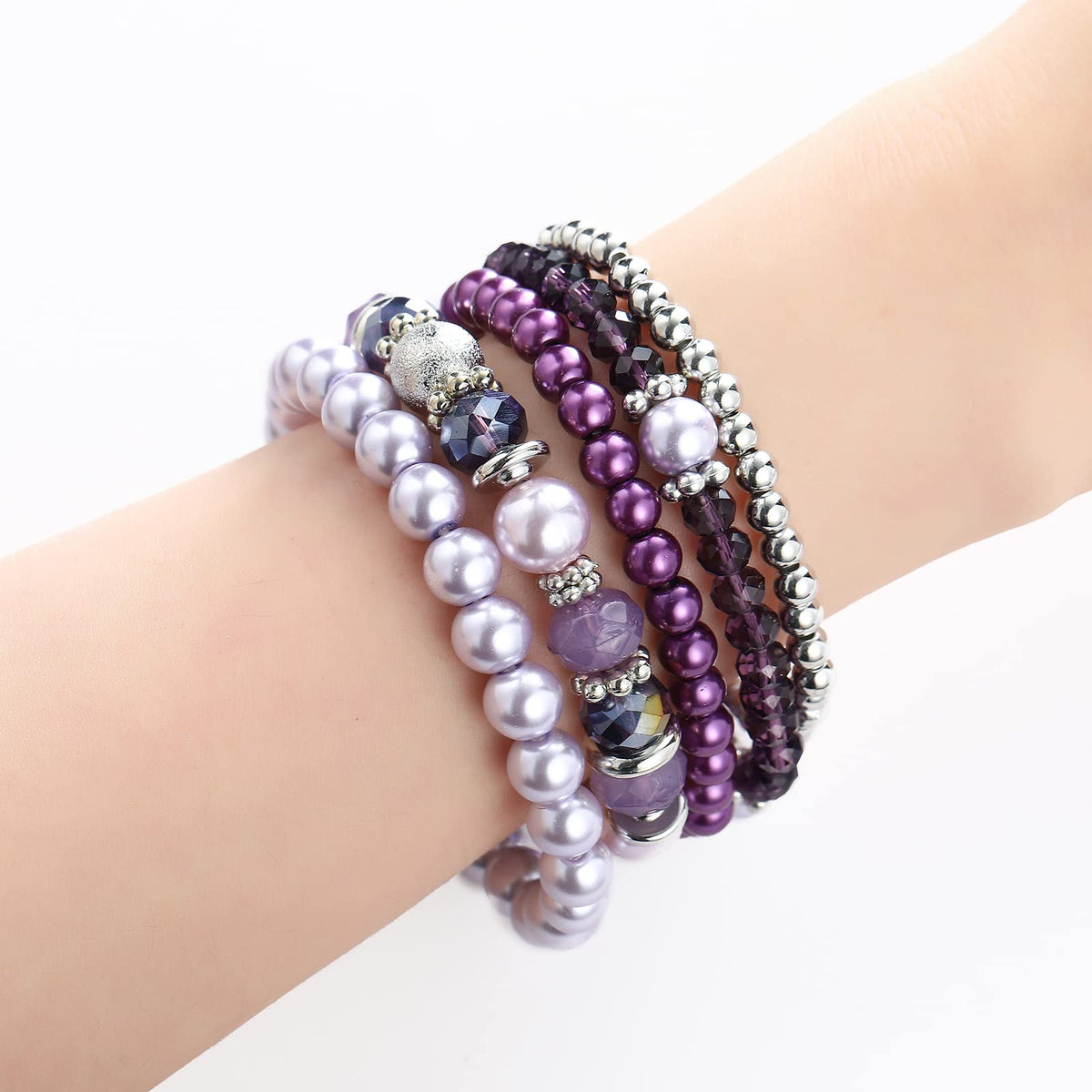 Noessla Beaded Pearl Stretch Bracelet Silver Stackable Crystal Beads Bracelets Trendy Costume Jewelry Mothers Day Gifts for Women(Purple)