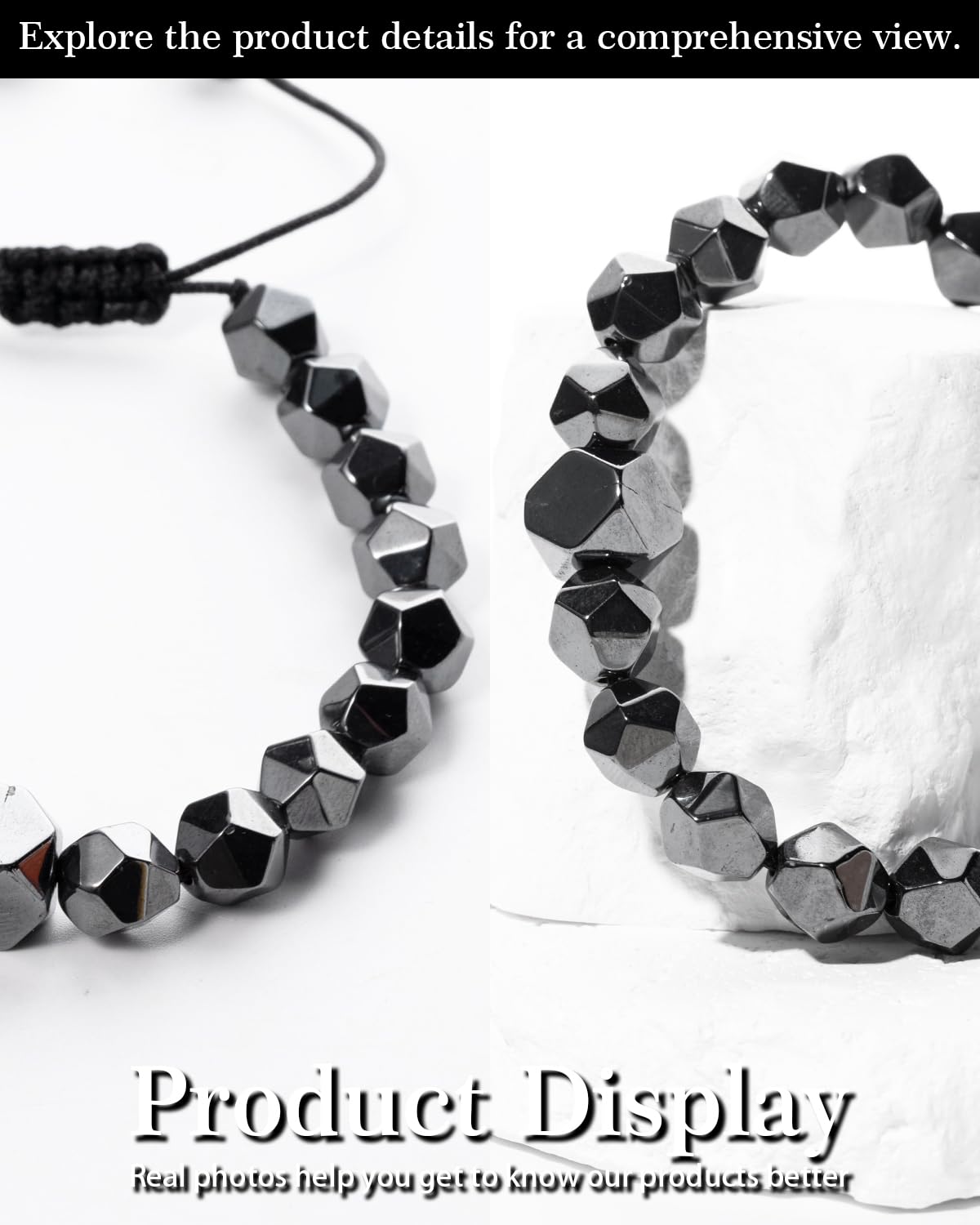 Crystery Beaded Bracelet for Men, 10mm Natural Stones Bracelet for Men's Gift, Adjustable Precision-Cut Gemstone Crystal Healing Bracelet, Protection Jewelry Gift with Hematite, Tiger Eye (Hematite)