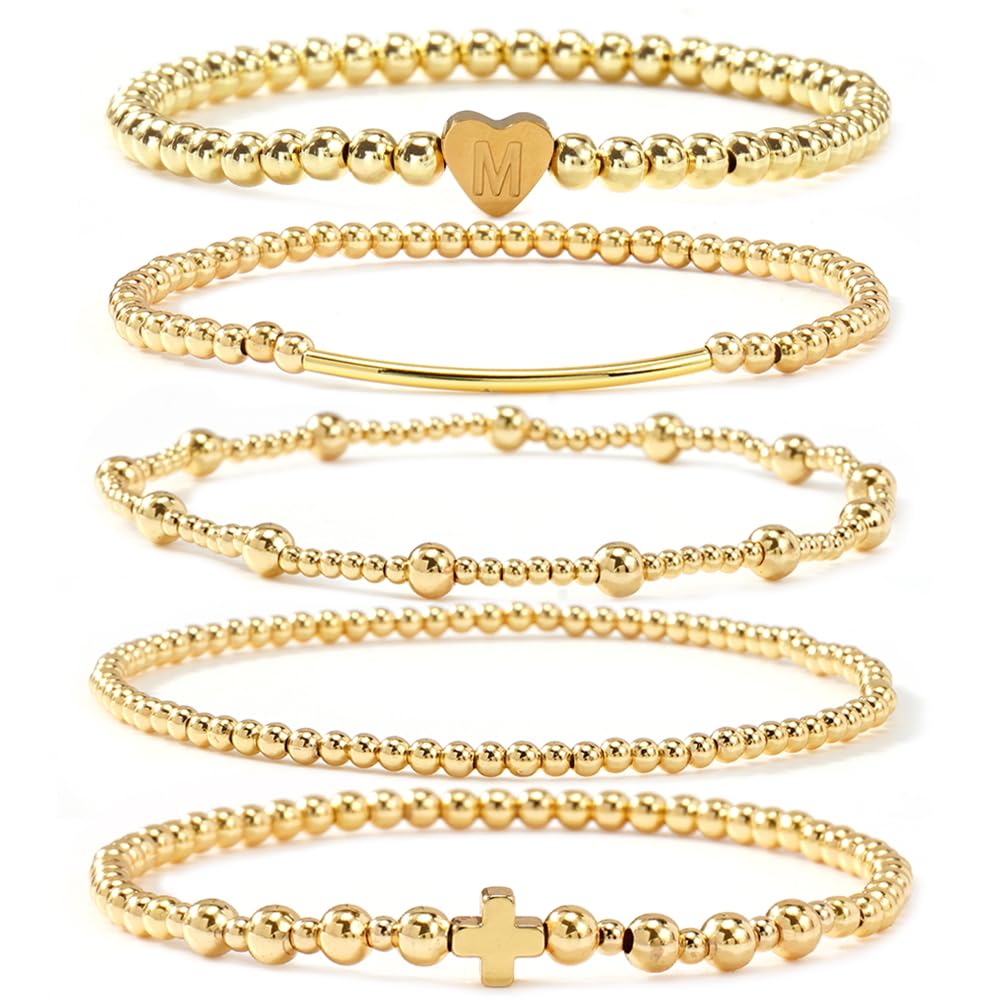 14K Gold Cross Beaded Initial Bracelet Stack for Women,Dainty Stretch Gold Plated Letter “M” Stackable Bracelets Bohemian Layered Prom Party Accessories Jewelry Gift Friendship