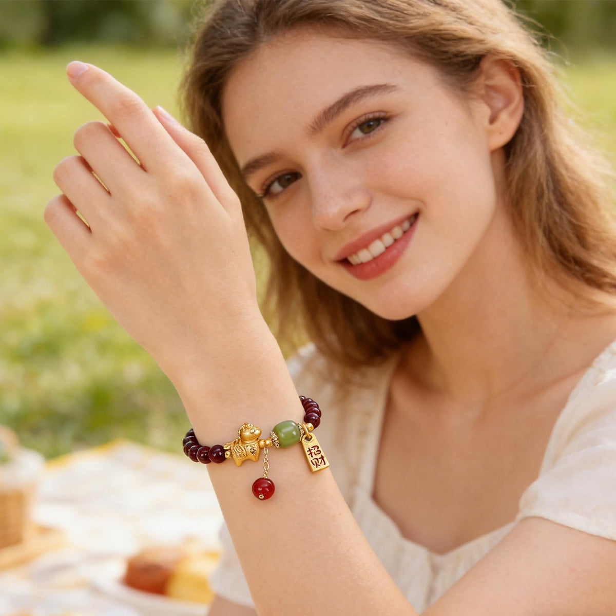 Buddha Stones 5mm Red Garnet Bracelet for Women Gold Horse Bracelet with Hetian Jade and Agate, Feng Shui Wealth Zodiac Bead Charm Bracelets Healing Crystal Jewelry Gifts 6.7 Inch