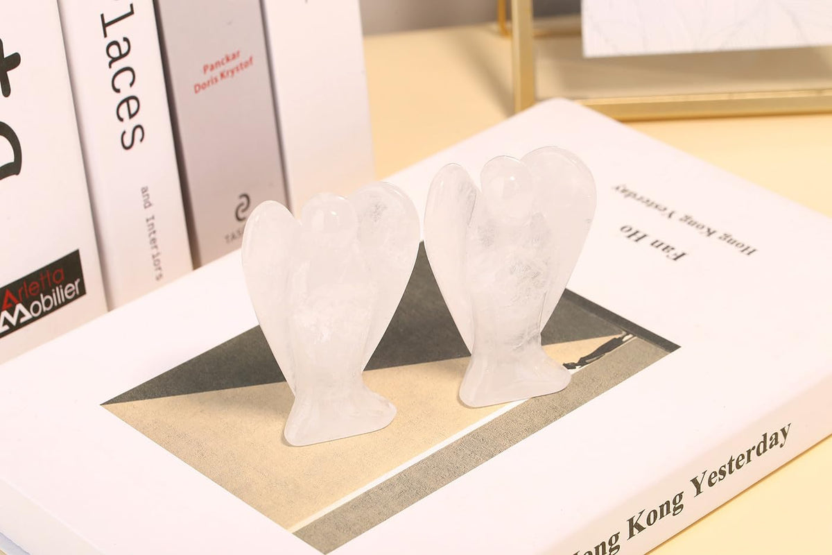 QINJIEJIE 3" Quartz Crystal Angel Decor Healing Statue - Polished Gemstone Big Guardian Angels for Office, Desk, Room - White Crystal Decorations, Spiritual Gifts