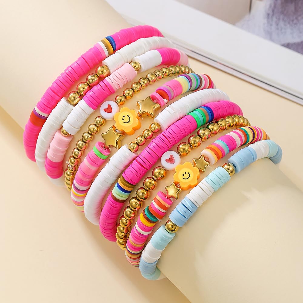 YEOSMINE Boho Heishi Clay Beaded Stretch Bracelets Stack For Women, Preppy Teens Friendship Gold Bracelets Cute Beach Surfer Accessories Bulk Set Trendy Fashion Jewelry