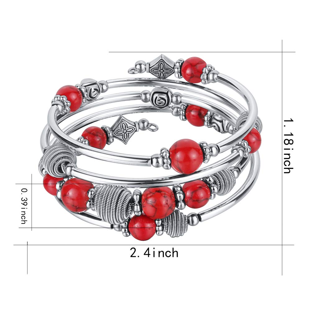 PEARL&CLUB Beaded Chakra Bangle Turquoise Bracelet - Fashion Jewelry Wrap Bracelet with Thick Silver Metal and Mala Beads, Birthday Gifts For Women(Red)