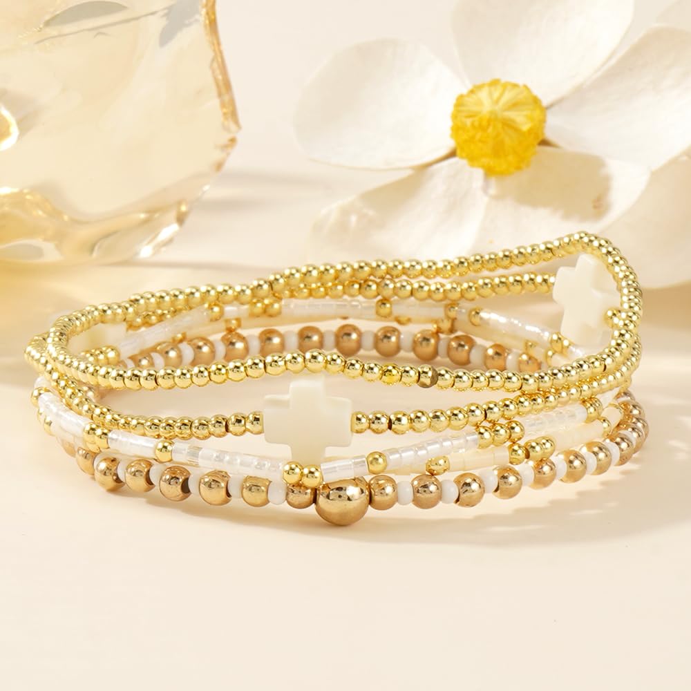 Bohxantium Gold Beaded Stretch Bracelets Stack for Women - 14k Gold Stackable Elastic Cross Bracelet, White Waterproof Stretchy Seed Beads Jewelry Christian Faith Friendship Summer Beach Mothers Day Gifts
