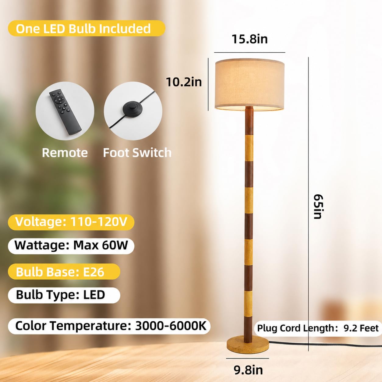 CozyCanyon 65" Wood Pattern Floor Lamp for Living Room, Dimmable Standing Lamp with Remote and Foot Switch, Rustic Tall Floor Lamp Linen Shade for Bedroom, Corner, Living Room, Home Decor.