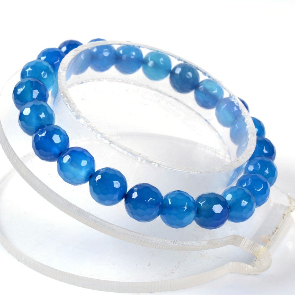 Justinstones Faceted Blue Agate Gemstone 8mm Round Beads Stretch Bracelet 7 Inch Unisex