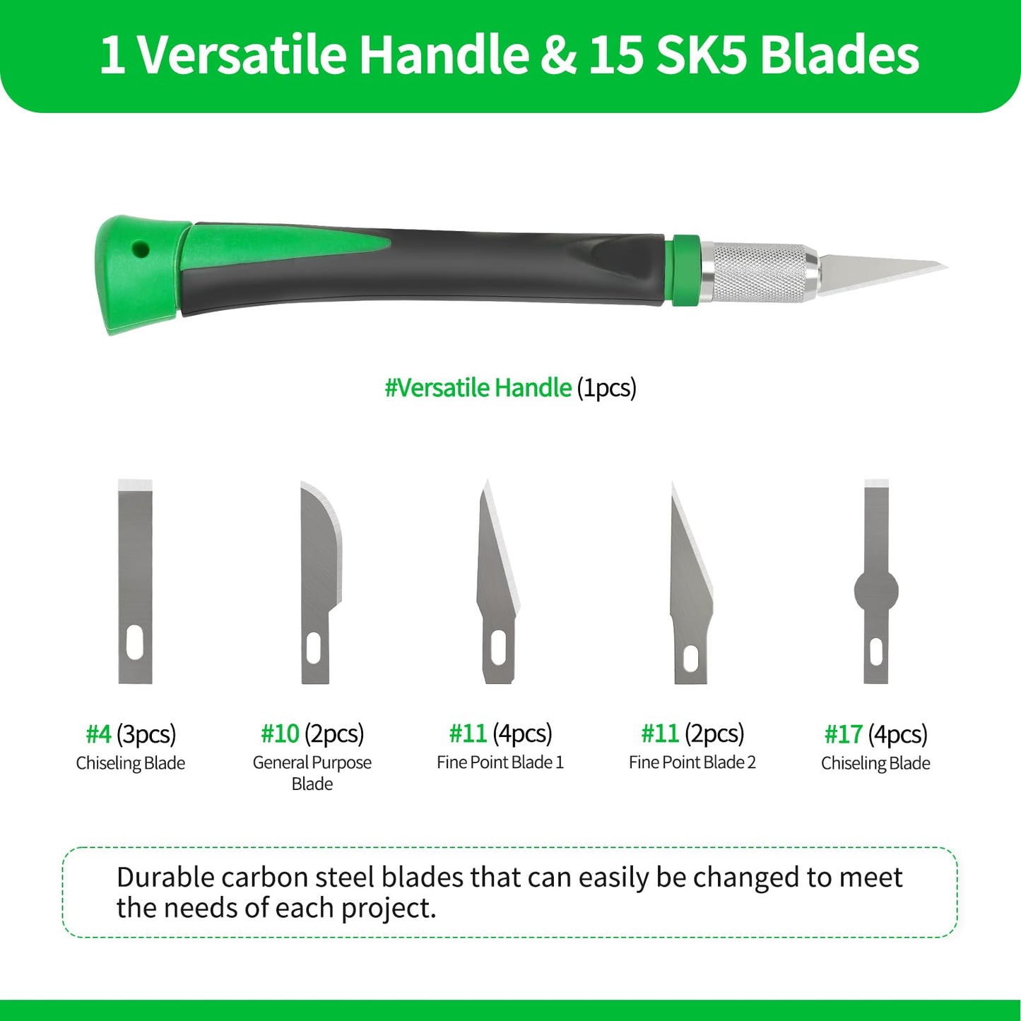 Precision Craft Knife Set with 15 Replacement Blades - Ergonomic Non-Slip Handle Hobby and Exacto Knife Set with Protective Cover for Art, Scrapbooking, Architecture Modeling, Stenciling (Green)
