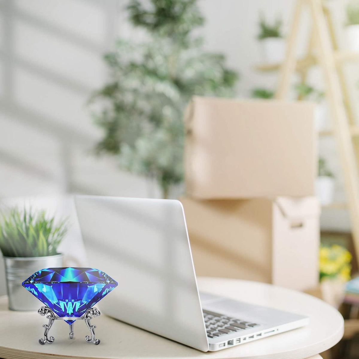 Hiziwimi 60mm Large Crystal Diamond Paperweight with Stand Jewels Wedding Decorations Centerpieces Home Decor (2.36 in, Blue)