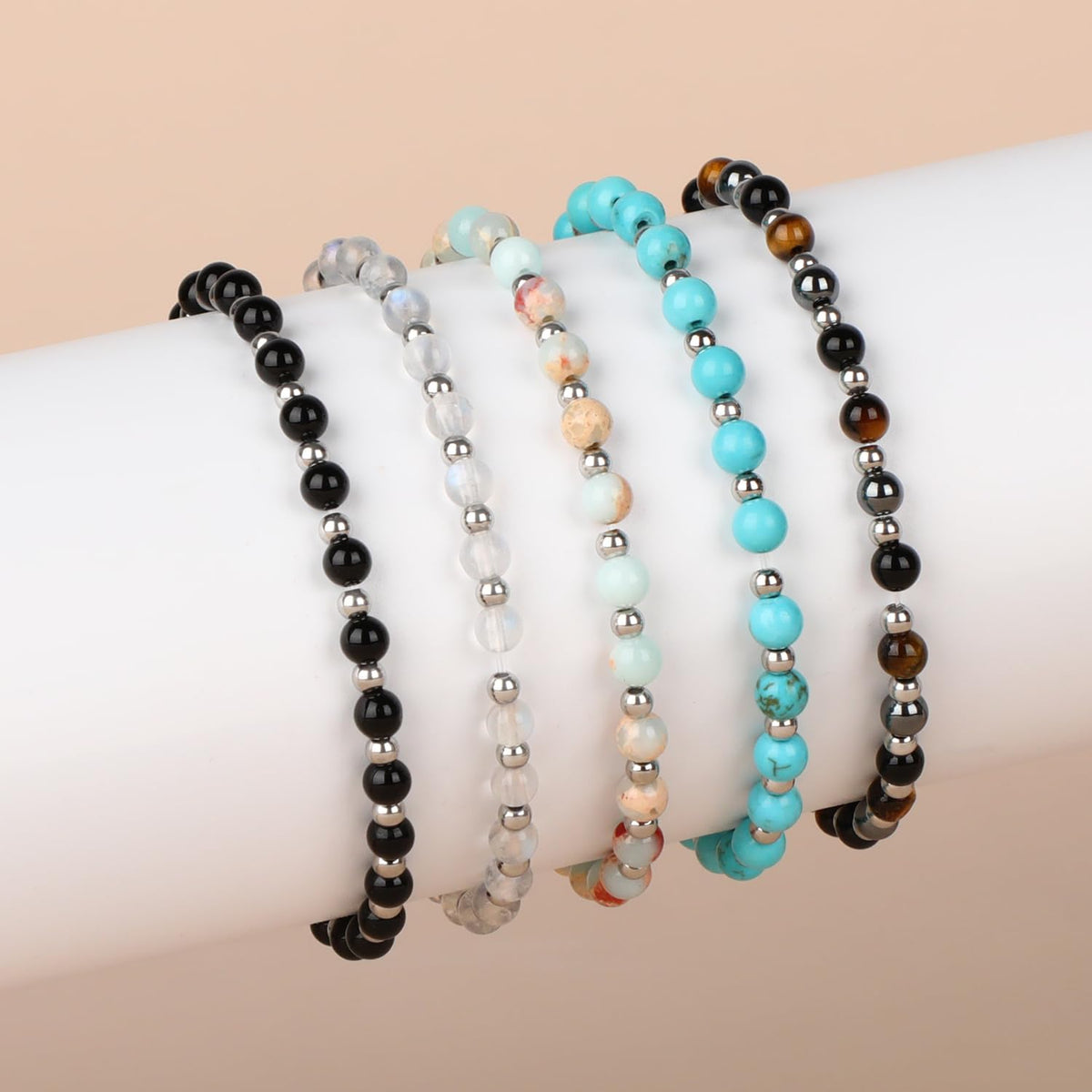 QOGIR Black Onyx - Protecting and Grounding - Stainless Silver Beads Natural Gemstone Stretch Elastic Dainty Healing Beaded Bracelets Gifts 4mm