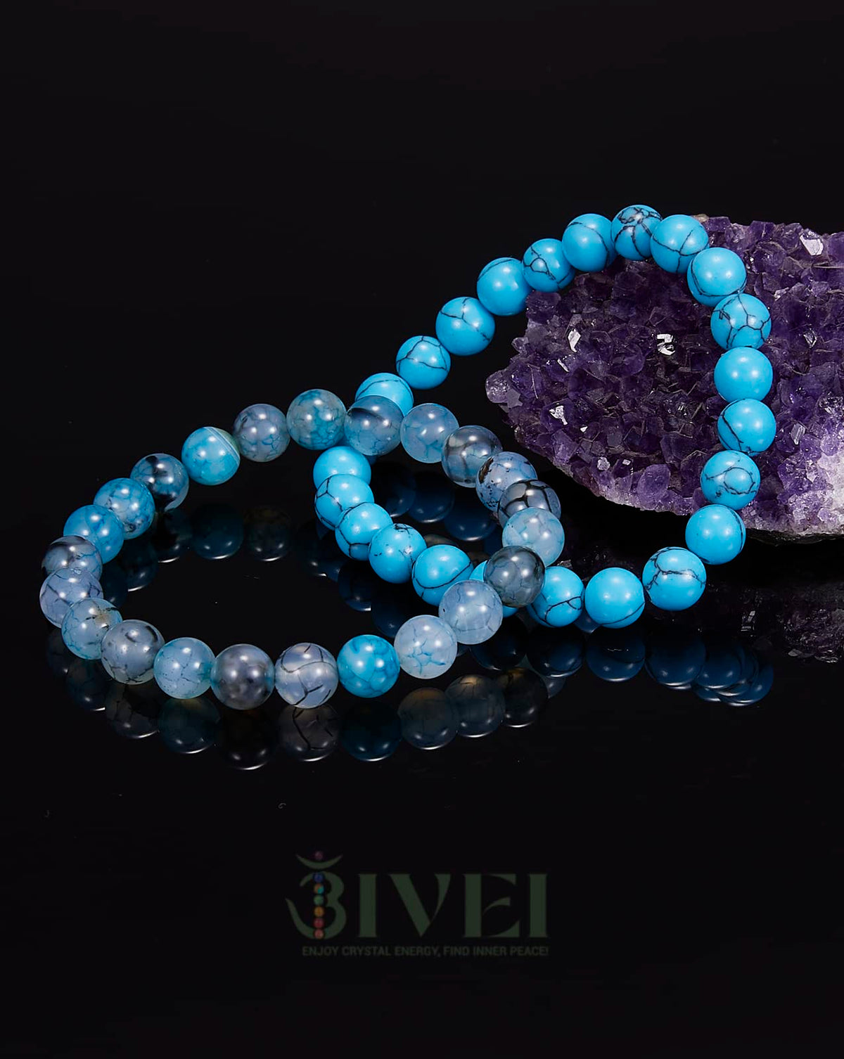 Bivei Natural Gemstone Semi Precious Crystals Handmade Stretchy Round Beads Bracelet, Stocking Stuffers for Women(Blue Dragon Vein Agate & Turquoise (Strength & Protection) Medium)