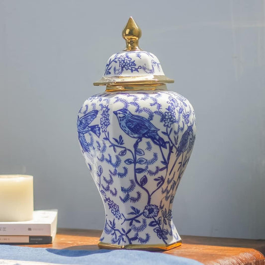 Ceramic Flower Vase, Handcraft Decorative Ceramic Ginger Jar Storage Jars Floral Arrangement Blue and White Flower Vase Temple Jar with Lid for Home Office Bookshelf Living Room (Size : Small) (Color