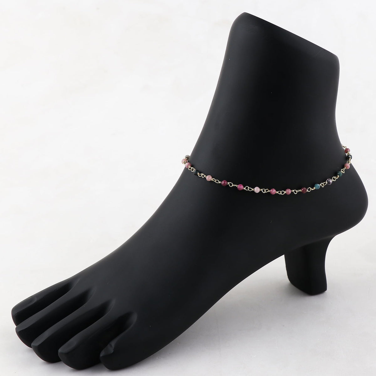 JOR Natural Multi Tourmaline Beaded Rosary Anklet, Handmade Craft, Anklet Beads Bracelet, Chakra Healing Anklet, Gemstone Women Jewelry, Dainty Gold Plated Anklet 9 inch + 1.5 inch (1pcs)