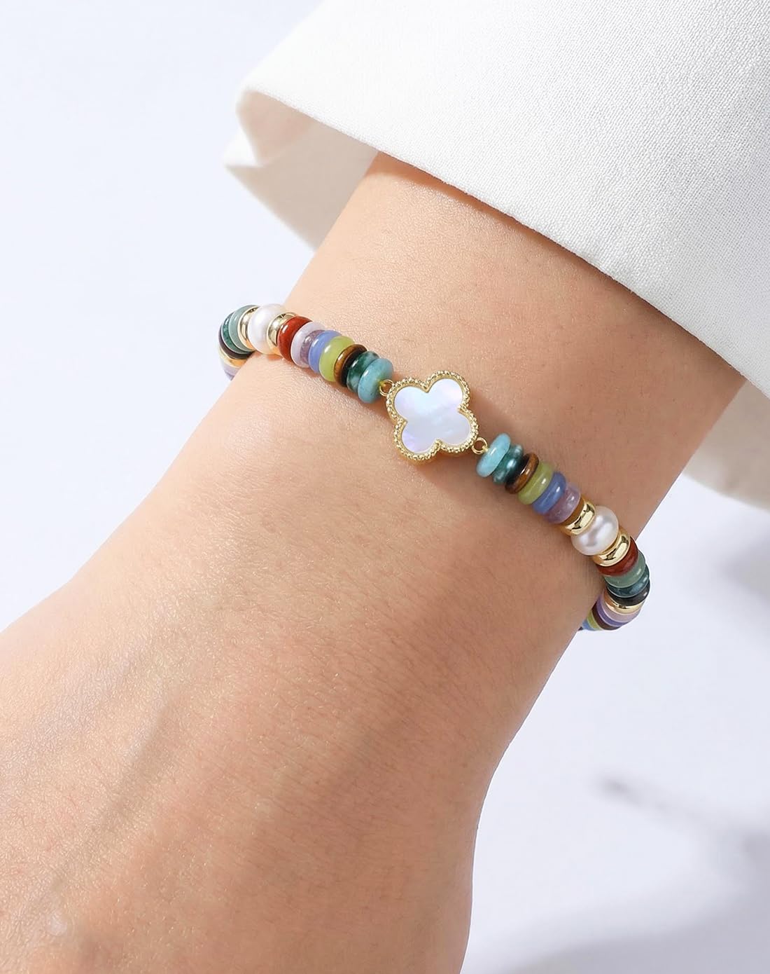 YEETONDA Four Leaf Clover Natural Gemstone Rainbow Bracelets Jewelry 16th 21st 30th 40th 50th 60th 70th 80th Birthday Gifts For Women Mom Sister Friend Daughter Niece(Rainbow)