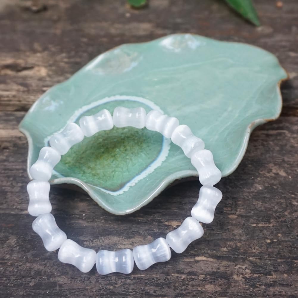 TaHLga 8mm Selenite Bracelet White Bamboo-Shaped | Natural Stone Beads with Traditional Bamboo Node Design | Handmade Meditation Healing Crystal Jewelry | Beading Tool Kit - Adjust to 6.5-7.5 inches
