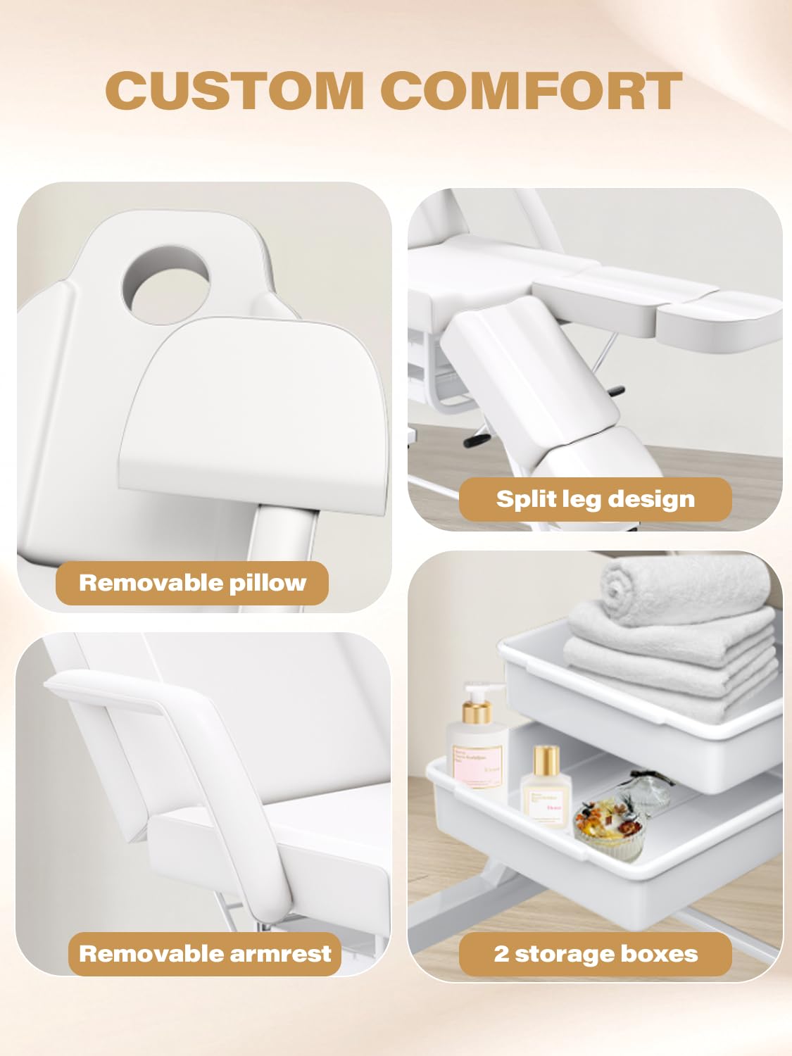 Facial Chair Tattoo Chair for Client, Facial Bed Esthetician Adjustable Massage Table with Headrest & 360° Rolling Stool, Split Legs Design, Lash Bed for Salon Spa Massage Equipment, Elegant White