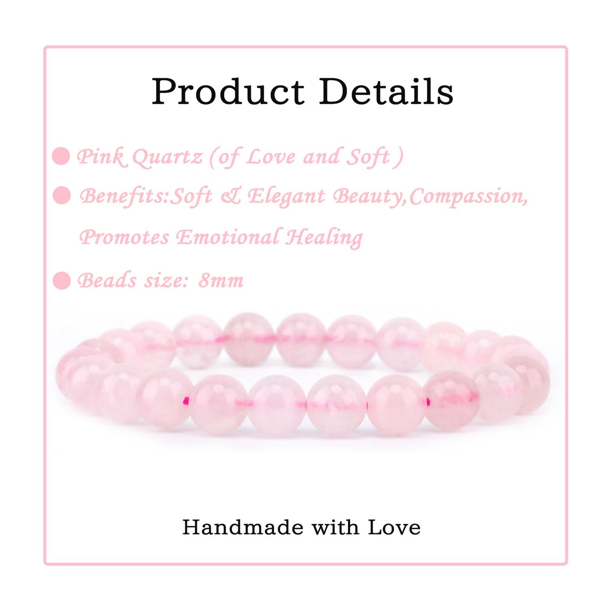 Bymitel 8mm Pink Quartz - Handmade Reiki Gemstone Stretch Bracelet, Natural Beauty & Spiritual Essence, Crystal Healing for Unisex Adults
