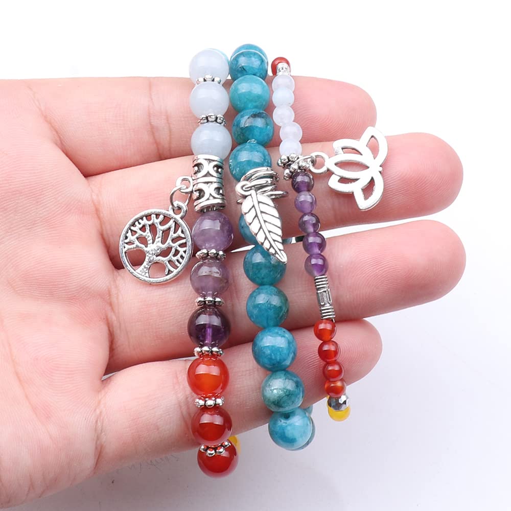 UEUC Natural Gemstone Chakra Bracelets for Women, Multilayer Tree of Life Lotus Crystal Healing Stone Bracelet Sets, Yoga Meditation Reiki Relax Bracelets for Stress Relief(#117)