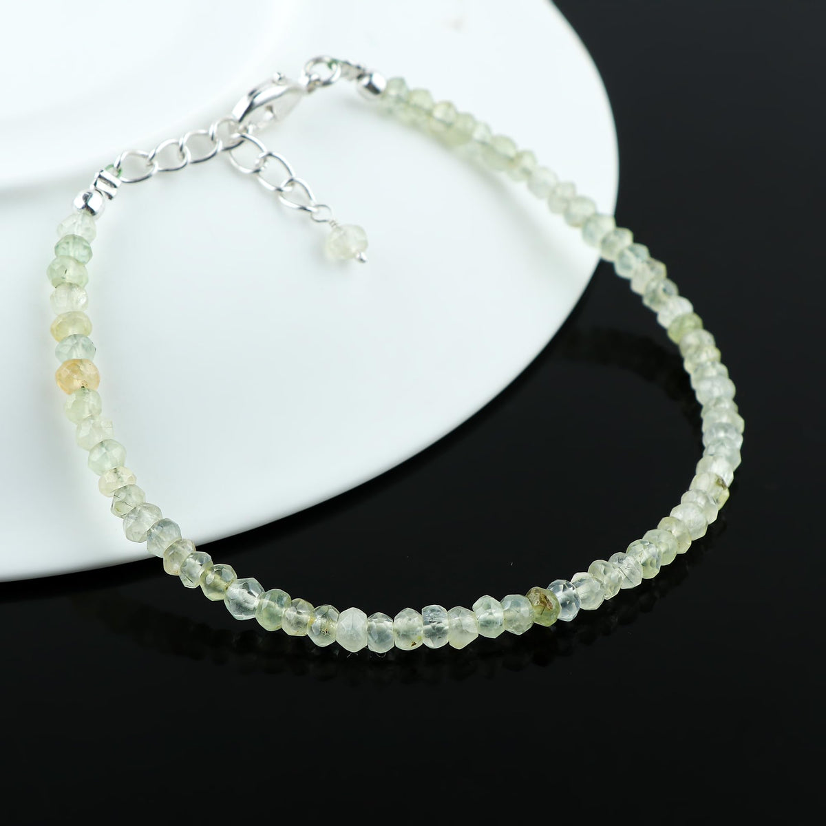 CRYSTALINES Natural Prehnite Gemstone Bracelet, Handmade Jewelry, Healing Crystals, Silver Bracelet, High Grade Stones, Adjustable Chain, Birthday Gift for Women, 8inch
