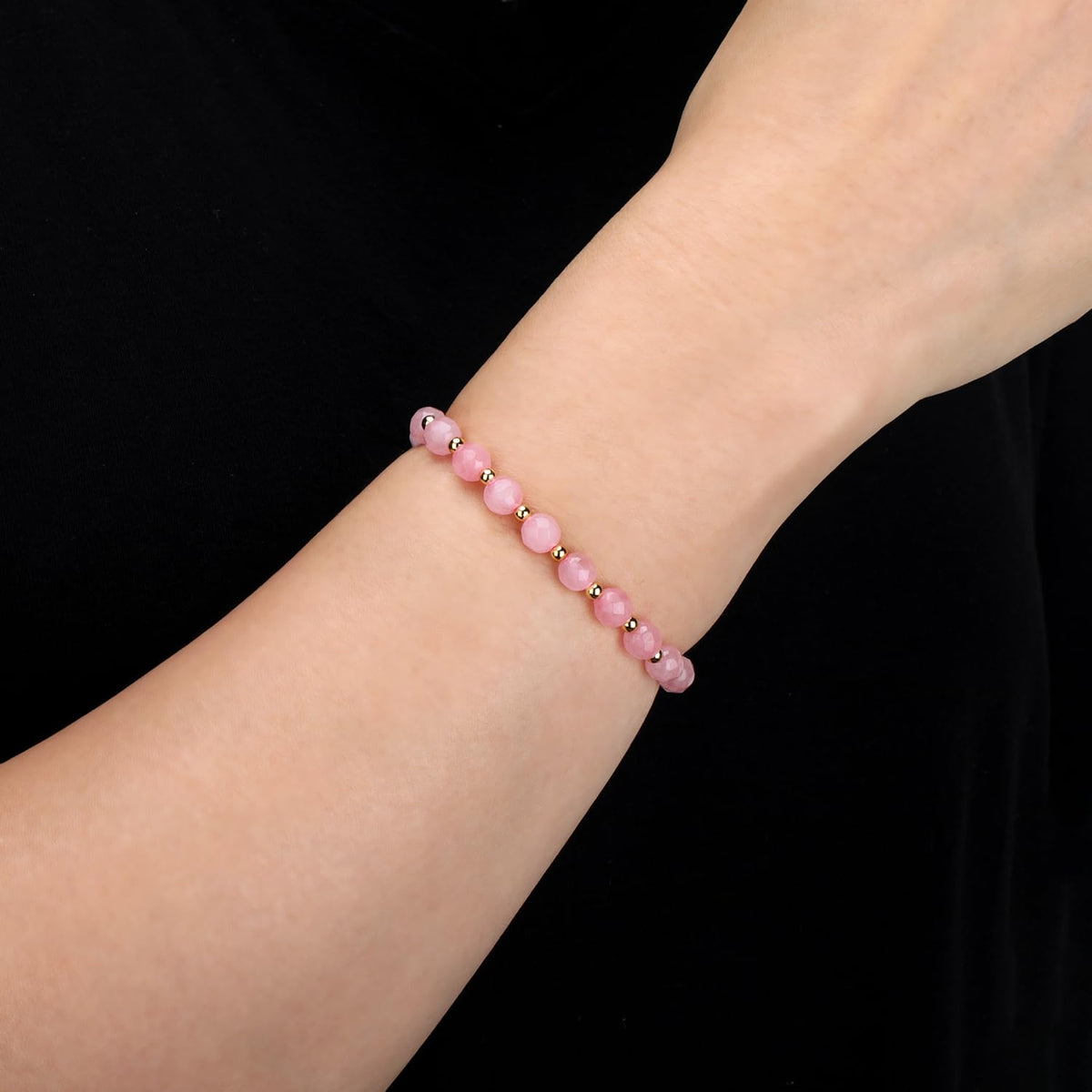 QOGIR Rose Quartz - Love Connection - 14K Gold Plated Beads Natural Gemstone Stretch Elastic Dainty Healing Beaded Bracelets Gifts 6mm