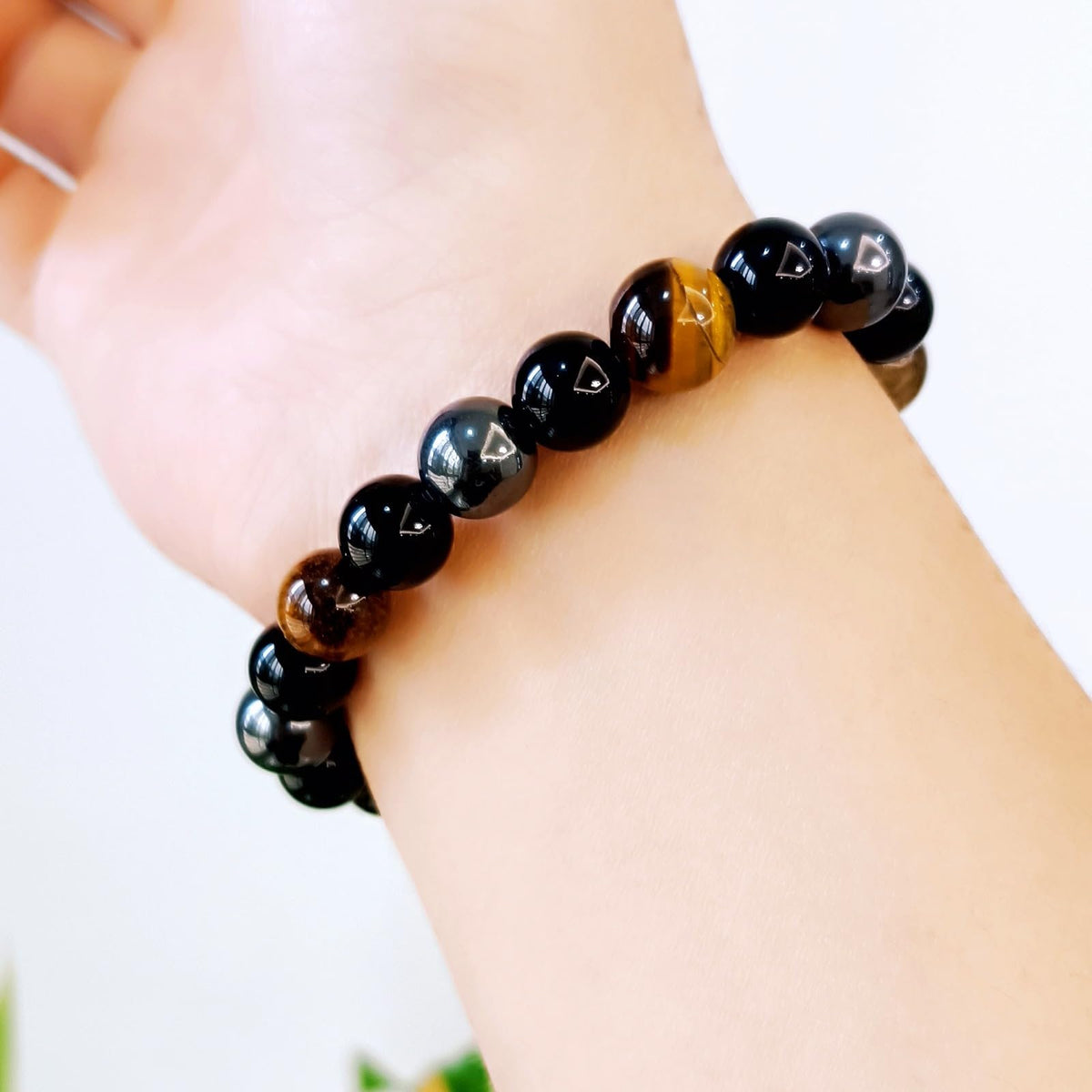 WEFRIN Evil Eye with Hematite Black Obsidian Tiger Eye Stone Triple Protection Bracelets for Men Women, Crystal Healing Stone Bracelet Bring Luck Prosperity and Happiness Jewelry (E-TPB)