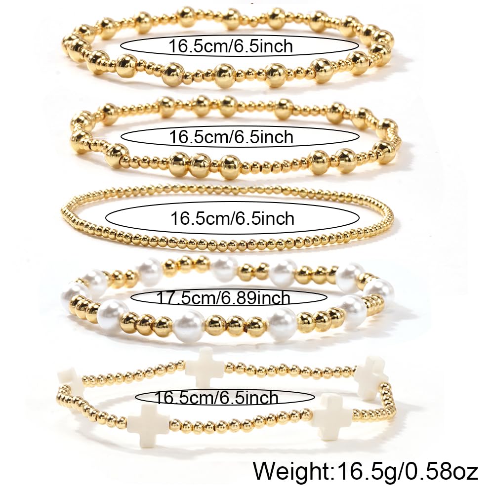 Dainty 14K Gold Beaded Cross Bracelet Stack for Women,Bohemian Stretch Pearl Gold Plated Ball Beads Non Tarnish Stackable Bracelets Set Fashion Prom Holiday Accessories Jewelry Gift Friendship